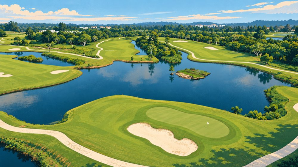 Illustrated Eastwood Valley golf course in Miri, surrounded by tropical greenery